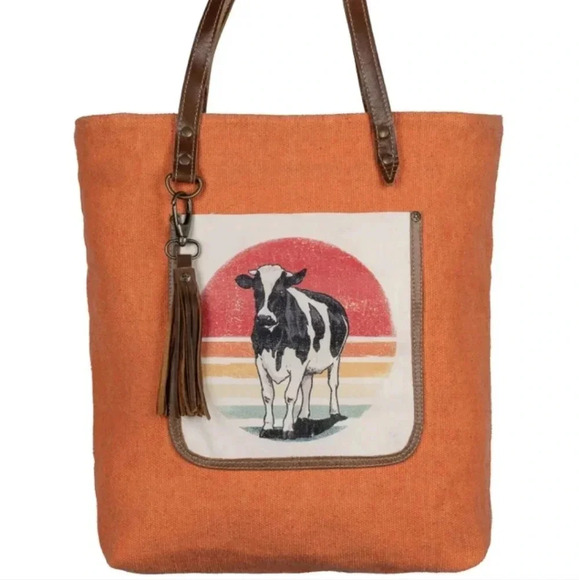 NWT Canvas Leather Orange Cow Tote Bag - Picture 1 of 9